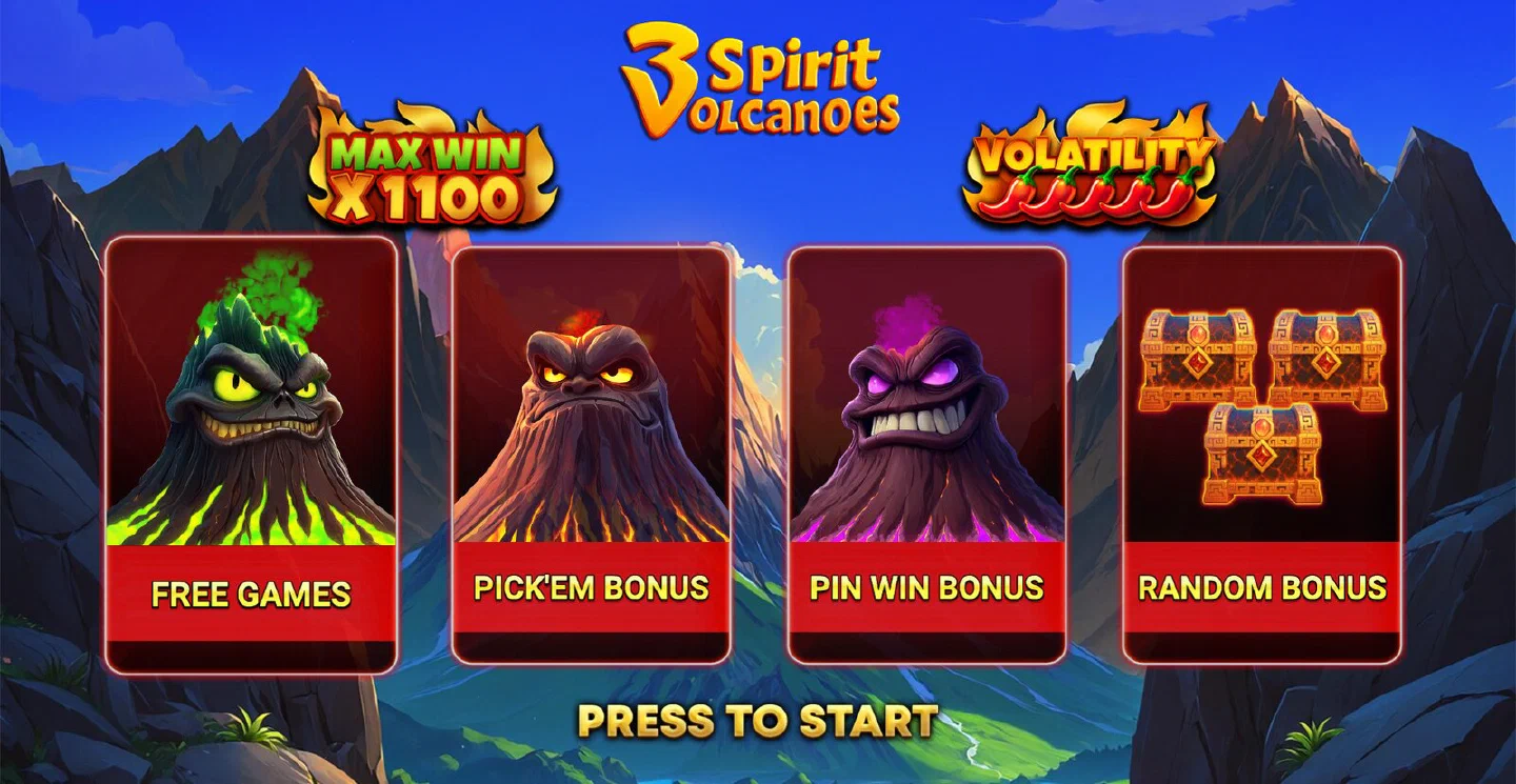3 Spirit Volcanoes key art with the game logo, the MAX WIN X1100 badge and the four feature cards